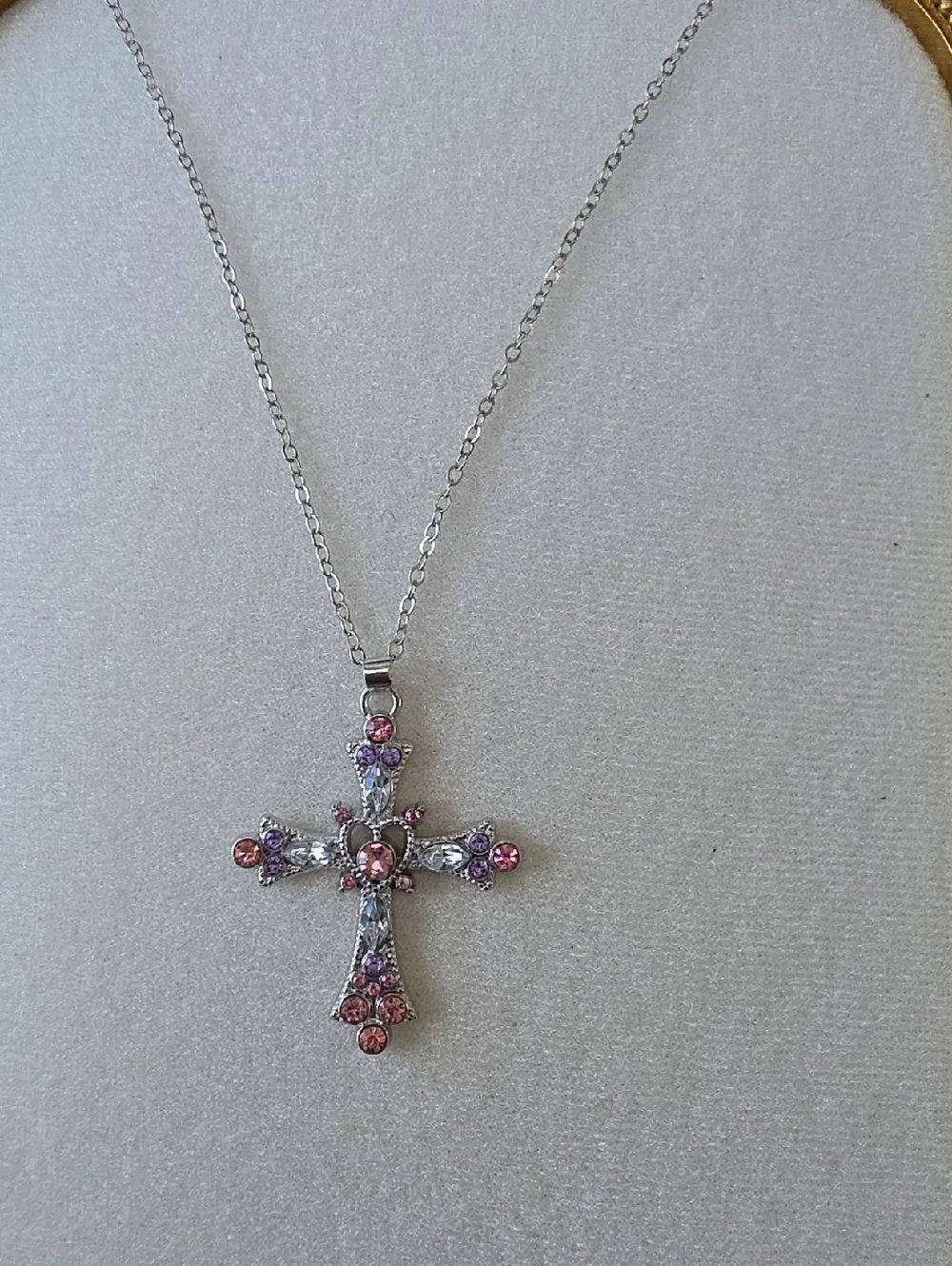 Cross Pendant Necklace with Pink and Purple Crystals - Picture 1 of 4